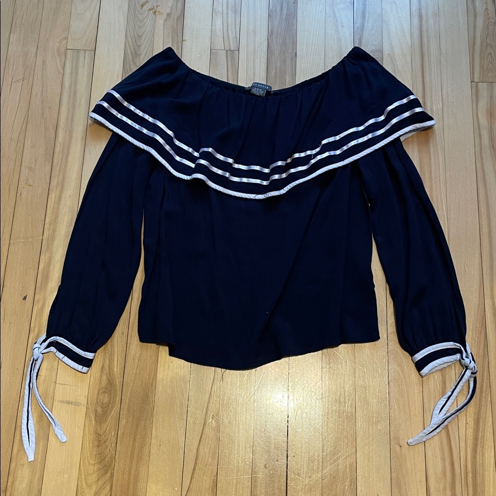 Suzy Shier Navy Off-Shoulder Top with White Stripes
